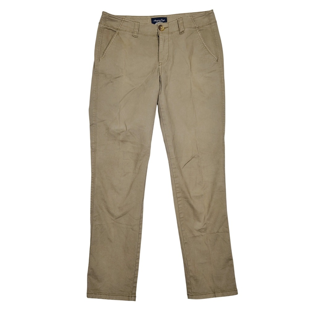 American Eagle Chino Pants Women 4 Khaki Stretch Straight Leg Solid Cotton Blend